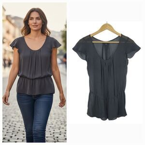 Vintage Y2K Express 100% Silk Flutter Sleeve Blouse in Charcoal Gray Size Small